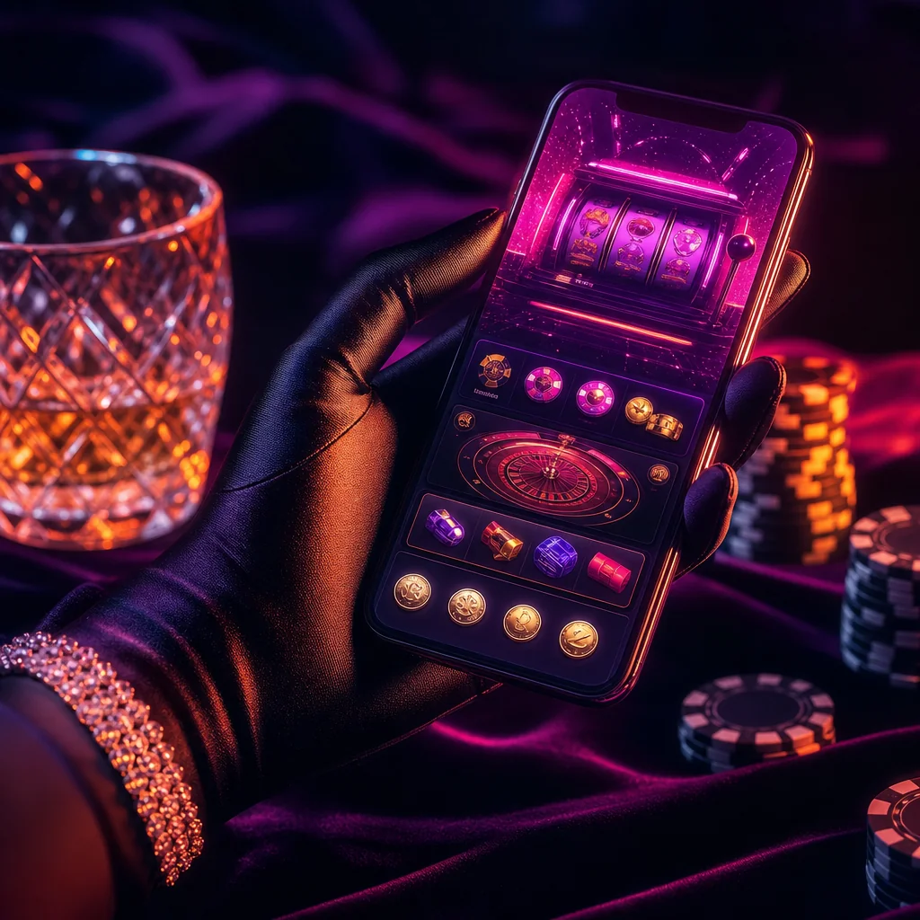 Saudi player enjoying mobile baccarat with neon synthwave glow